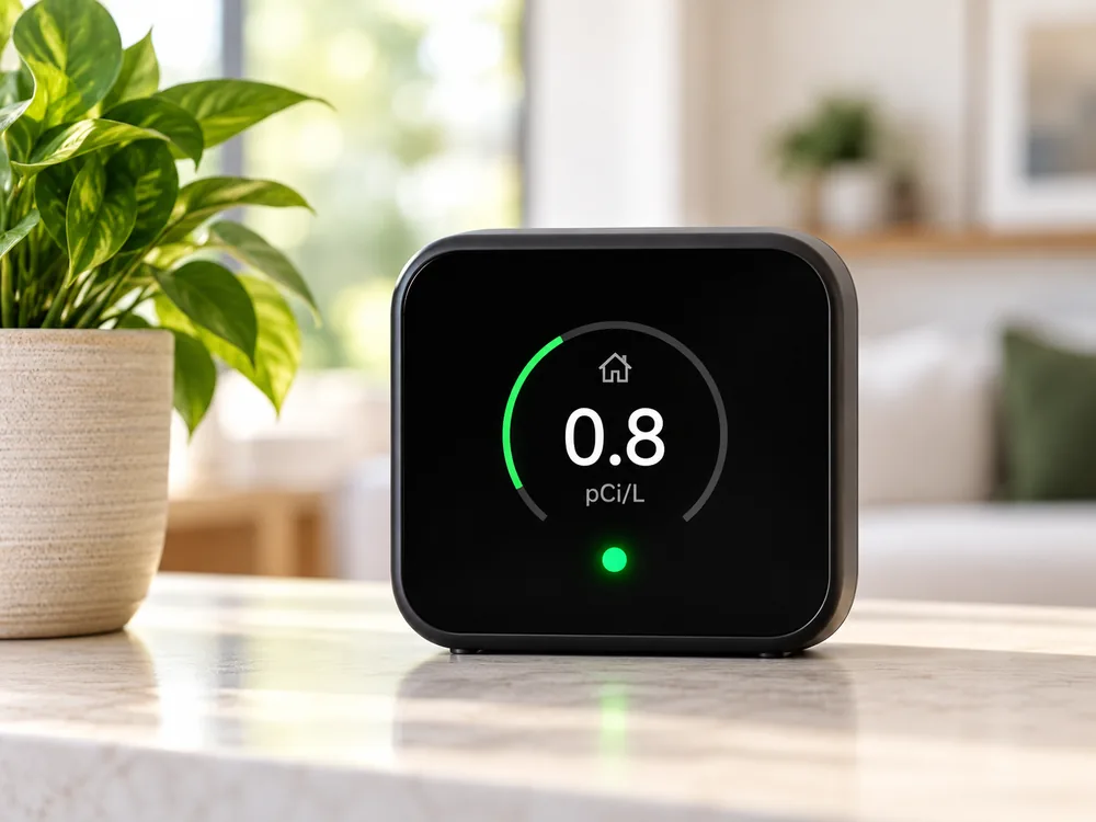 A smart radon monitor on a countertop showing a reading of 0.8 pCi/L