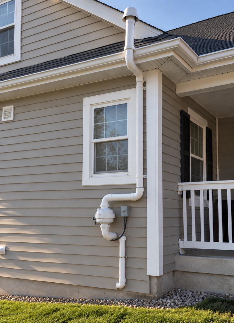 A clean white radon mitigation vent pipe and fan installed on the side of a home